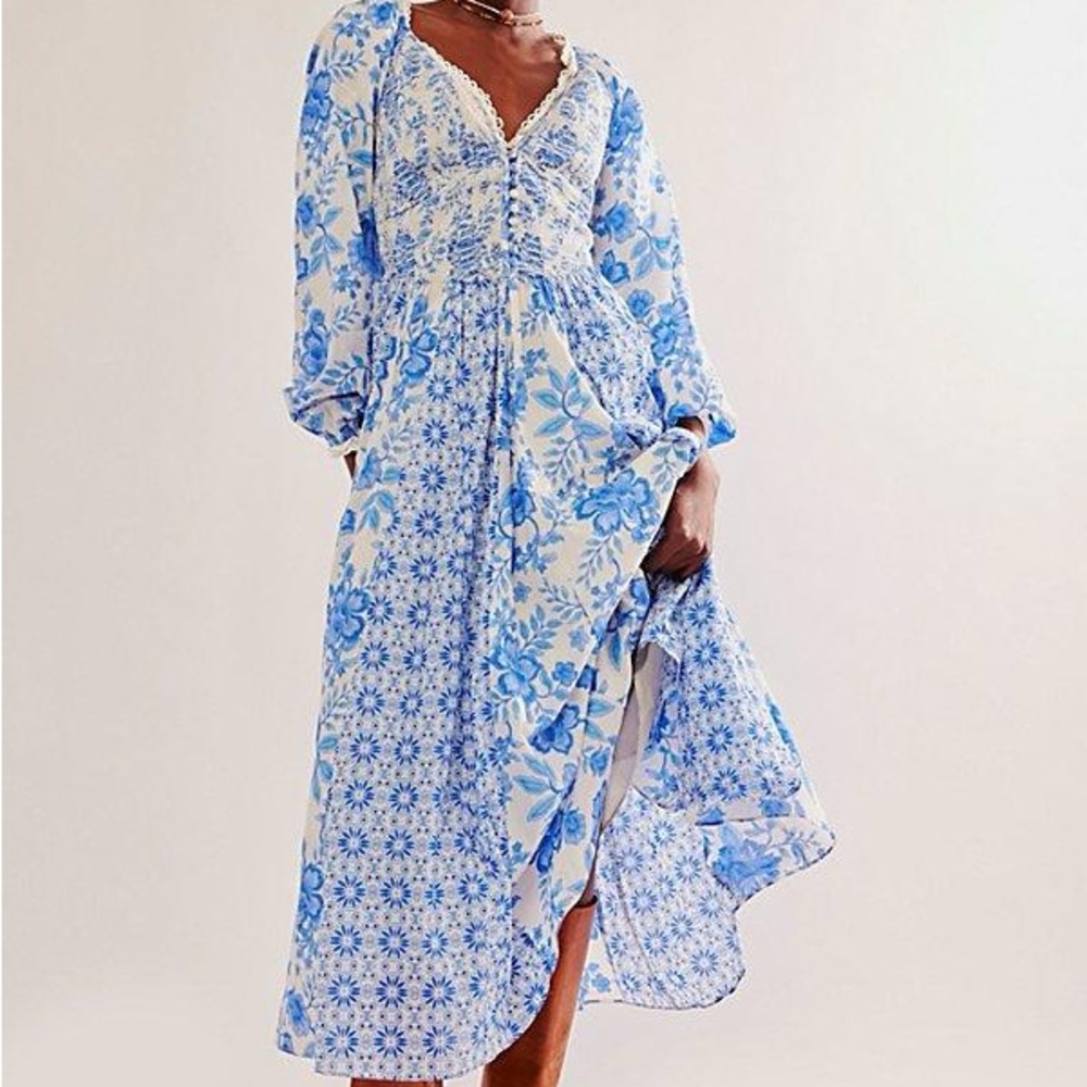 NWOT Free People A New Way Maxi Dress XS Blue White Floral Open Back